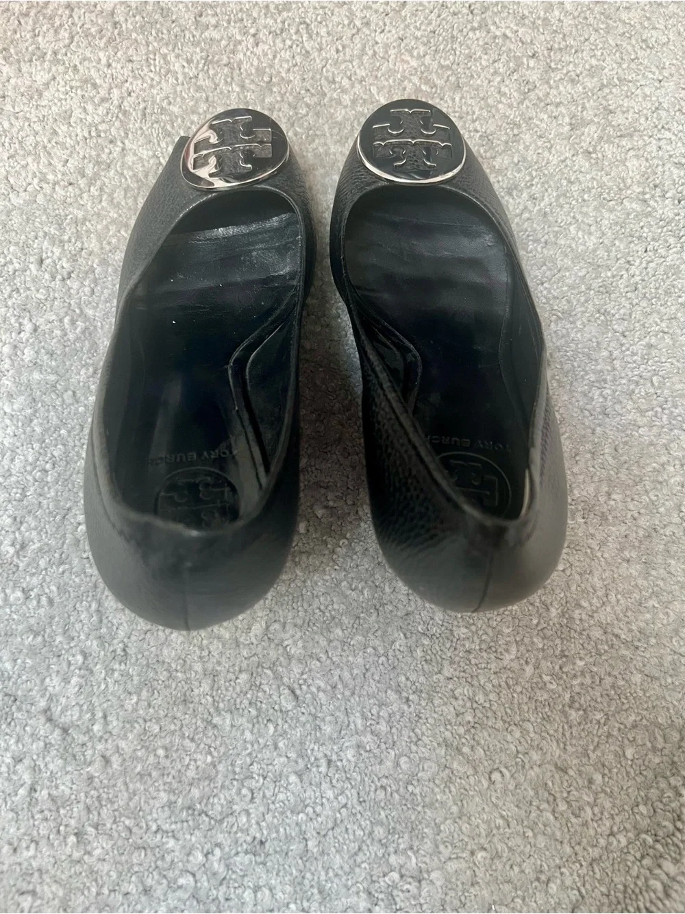Tory Burch Sally Wedge Pumps in Black Tumbled / Pebbled Leather- 8M